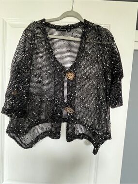 Nina Leonard Black Open-Weave Button Cardigan